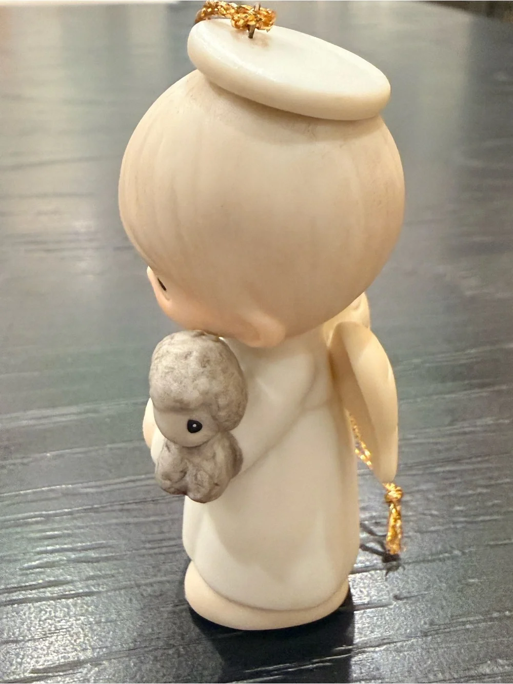 Vintage Precious Moments Angel Ornament in Cream and Gray with Gold Cord (1986)